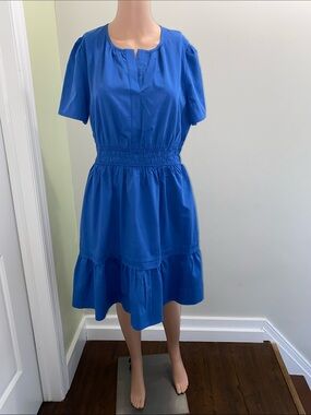 Sleeve Smocked Waist Blue Women's Dress